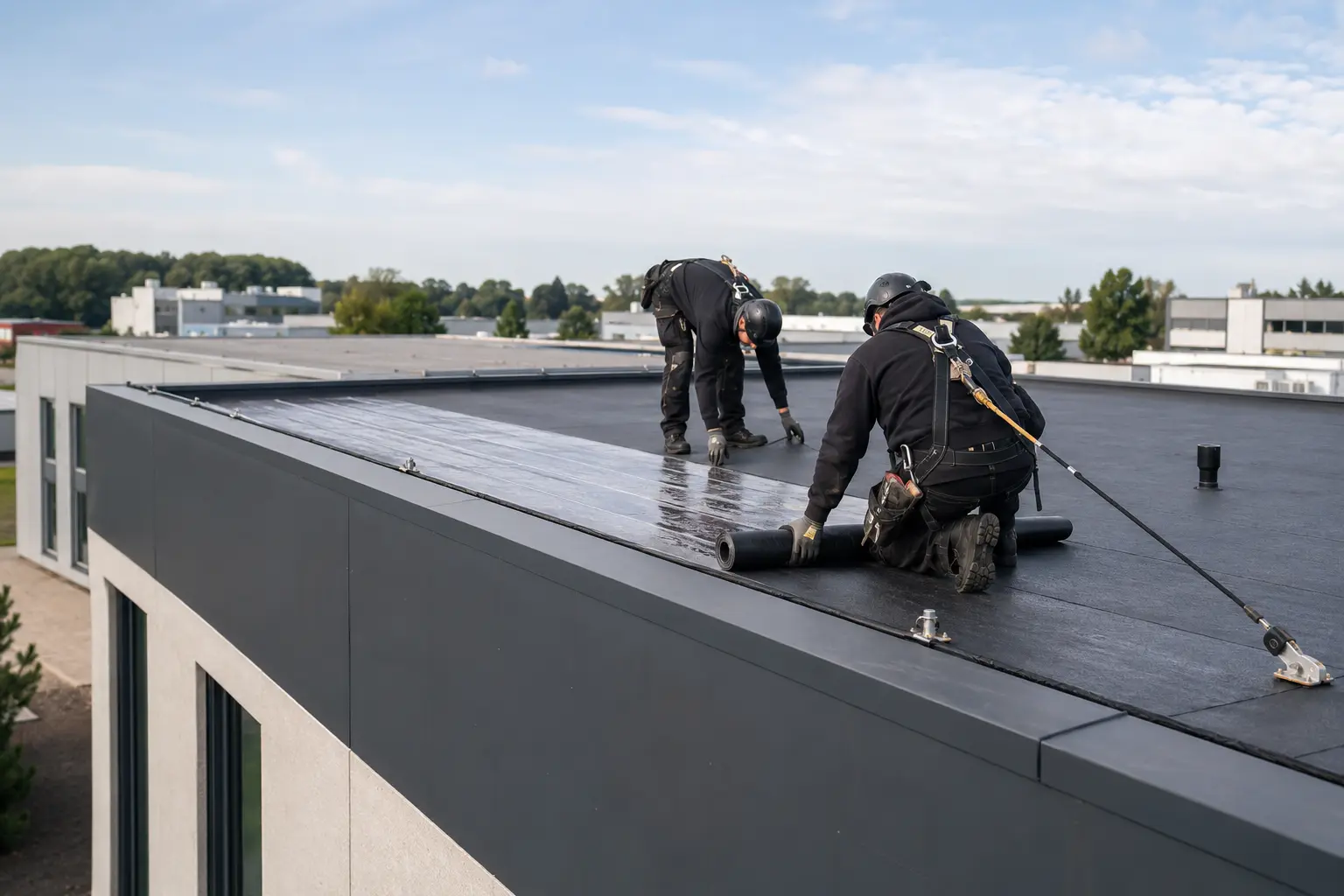 Illustrative Darstellung von Dachdeckern bei Abdichtungsarbeiten auf einem Flachdach