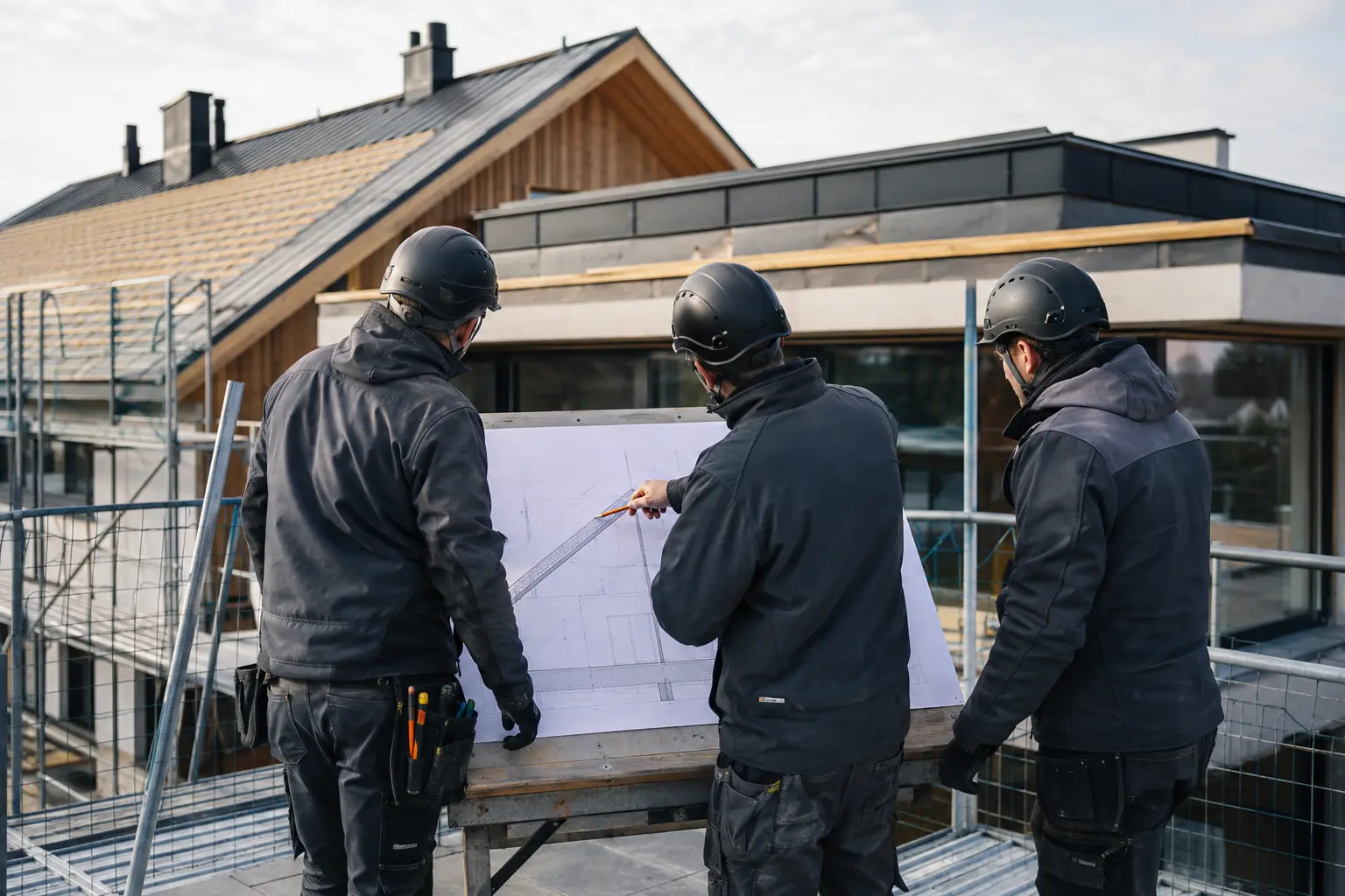 Illustrative Darstellung eines Handwerkerteams bei der gemeinsamen Durchsicht von Dachplänen
