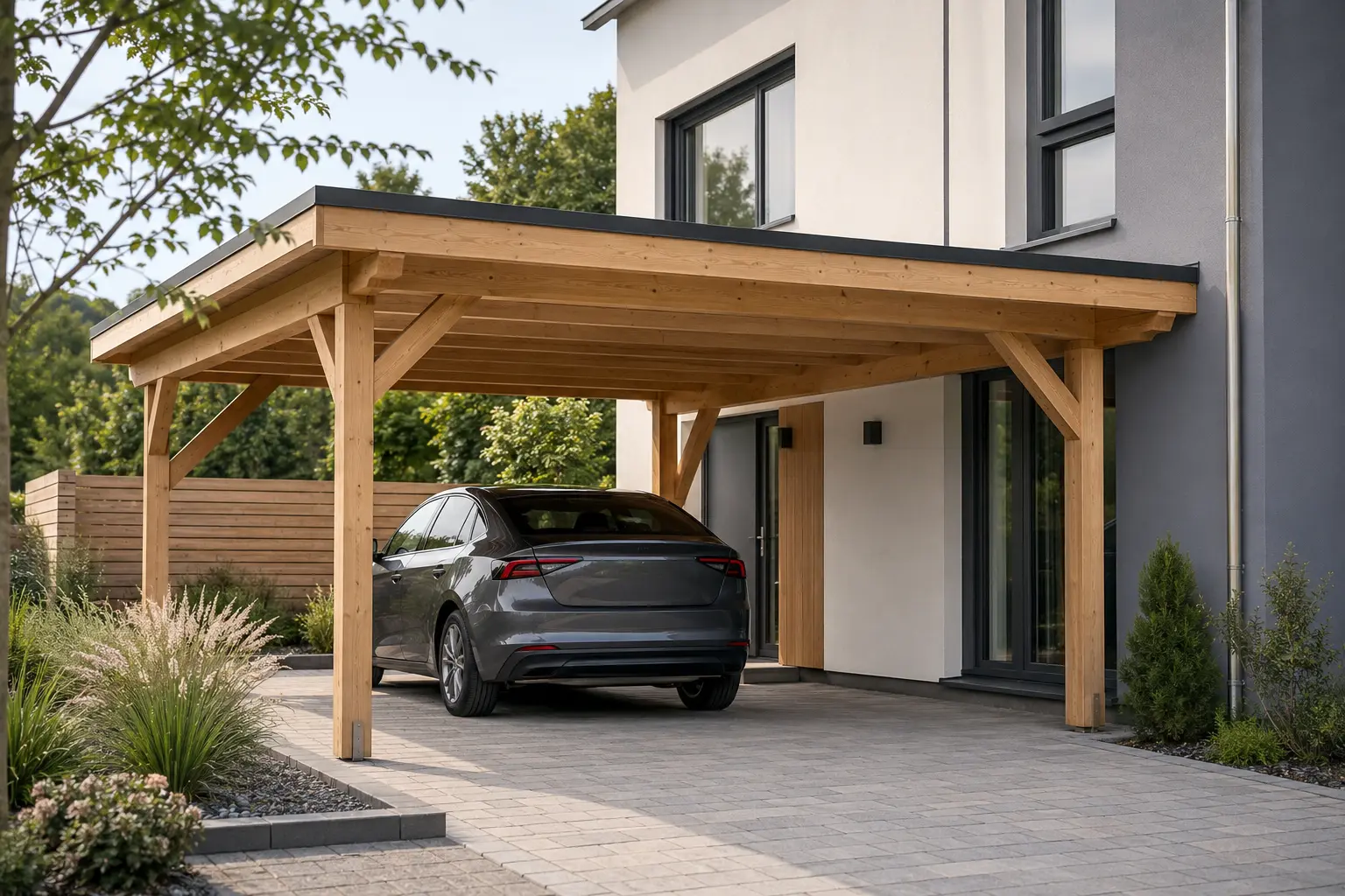 Illustrative Darstellung eines hochwertigen Holzcarports an einem deutschen Wohnhaus
